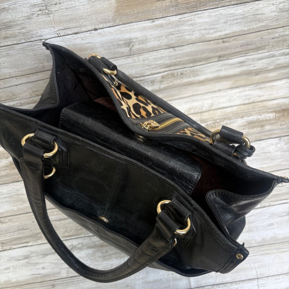 Badgley Mischka Tote Bag Large Black Leopard Calf Hair Leather Tote Maximalist - Picture 10 of 14